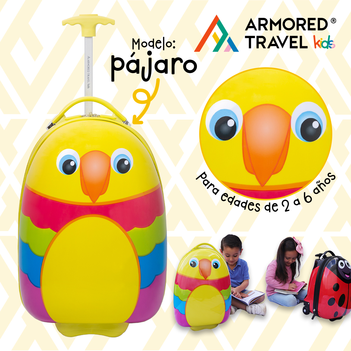 Maleta de viaje niñas niños carry-on mochila rígida infantil con ruedas 16 kínder Preescolar usos múltiples Edades 2 a 6 años Armored kids Pájaro