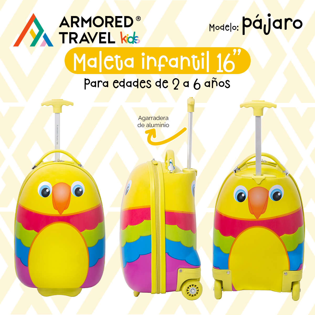 Maleta de viaje niñas niños carry-on mochila rígida infantil con ruedas 16 kínder Preescolar usos múltiples Edades 2 a 6 años Armored kids Pájaro