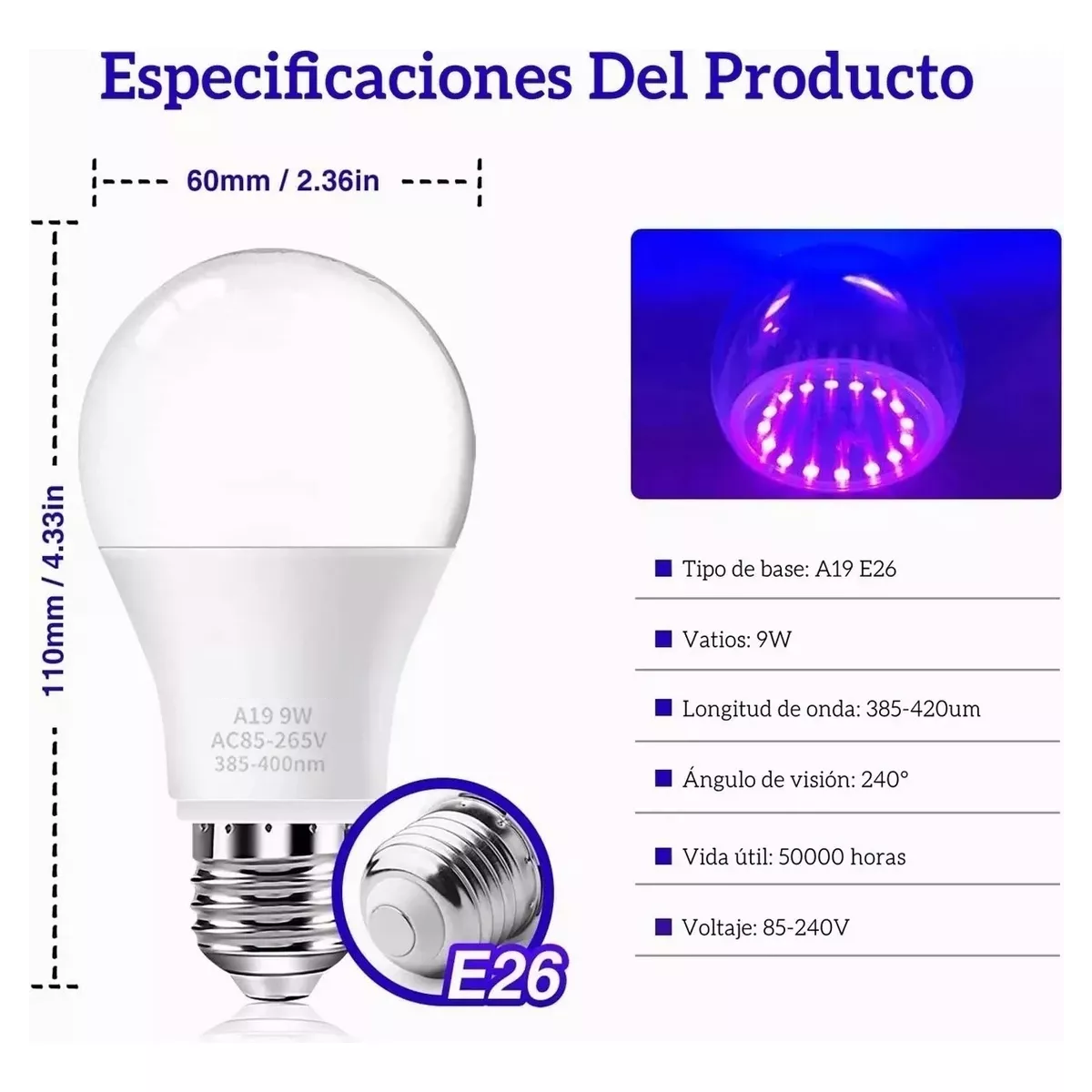 Set Foco Luz Negra Led Uv Fluorescente Para Fiesta 9w 4 Piezas