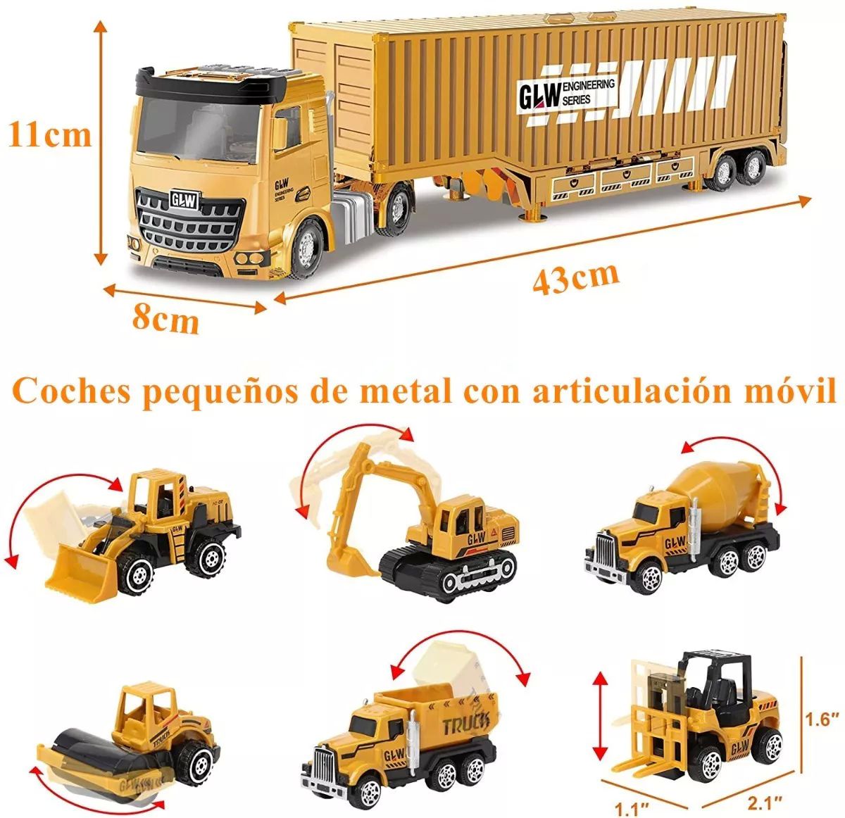 Camión Contenedor de Construcción Excavadora para Niños con Luz y Sonido 6 Coches Carros y Accesorios Juguetes