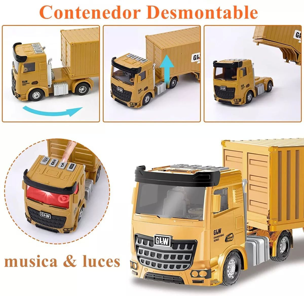 Camión Contenedor de Construcción Excavadora para Niños con Luz y Sonido 6 Coches Carros y Accesorios Juguetes