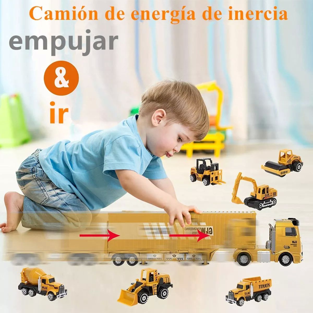 Camión Contenedor de Construcción Excavadora para Niños con Luz y Sonido 6 Coches Carros y Accesorios Juguetes