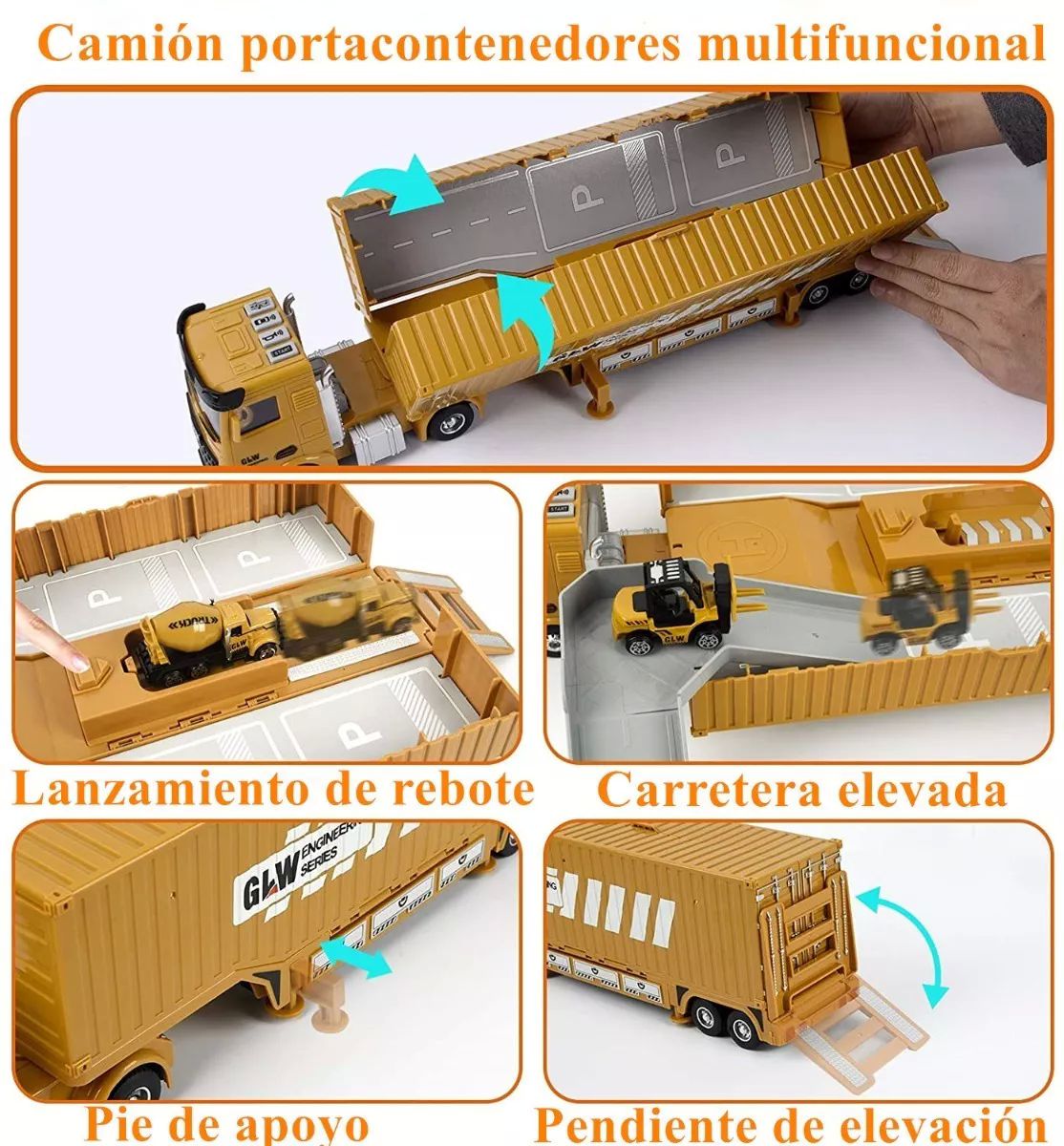 Camión Contenedor de Construcción Excavadora para Niños con Luz y Sonido 6 Coches Carros y Accesorios Juguetes