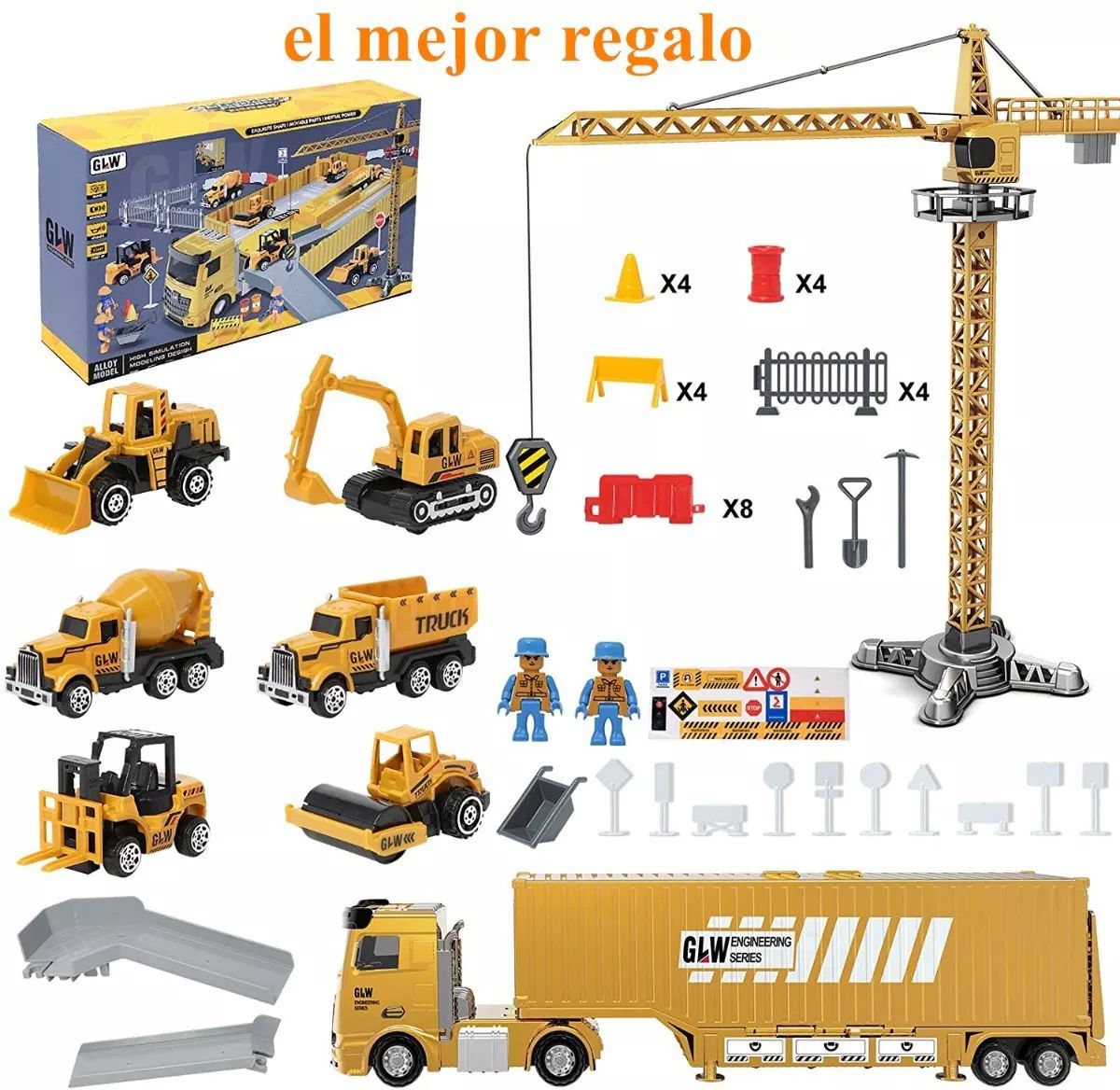 Camión Contenedor de Construcción Excavadora para Niños con Luz y Sonido 6 Coches Carros y Accesorios Juguetes