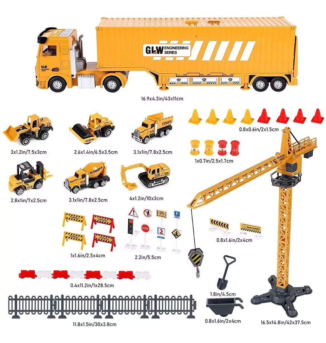 Camión Contenedor de Construcción Excavadora para Niños con Luz y Sonido 6 Coches Carros y Accesorios Juguetes