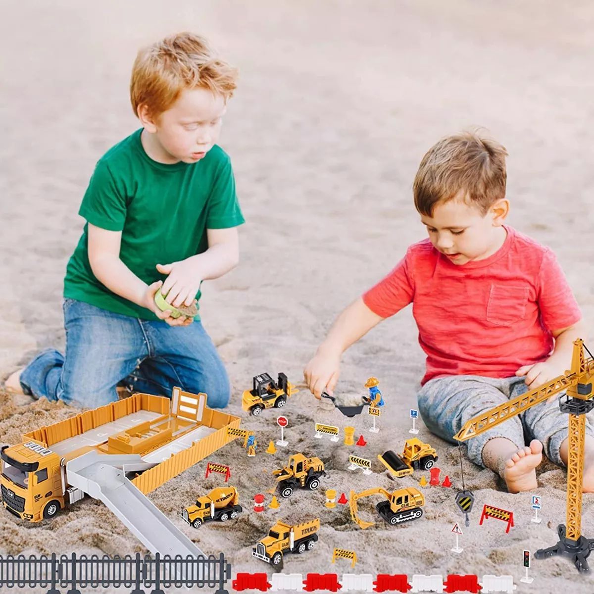 Camión Contenedor de Construcción Excavadora para Niños con Luz y Sonido 6 Coches Carros y Accesorios Juguetes