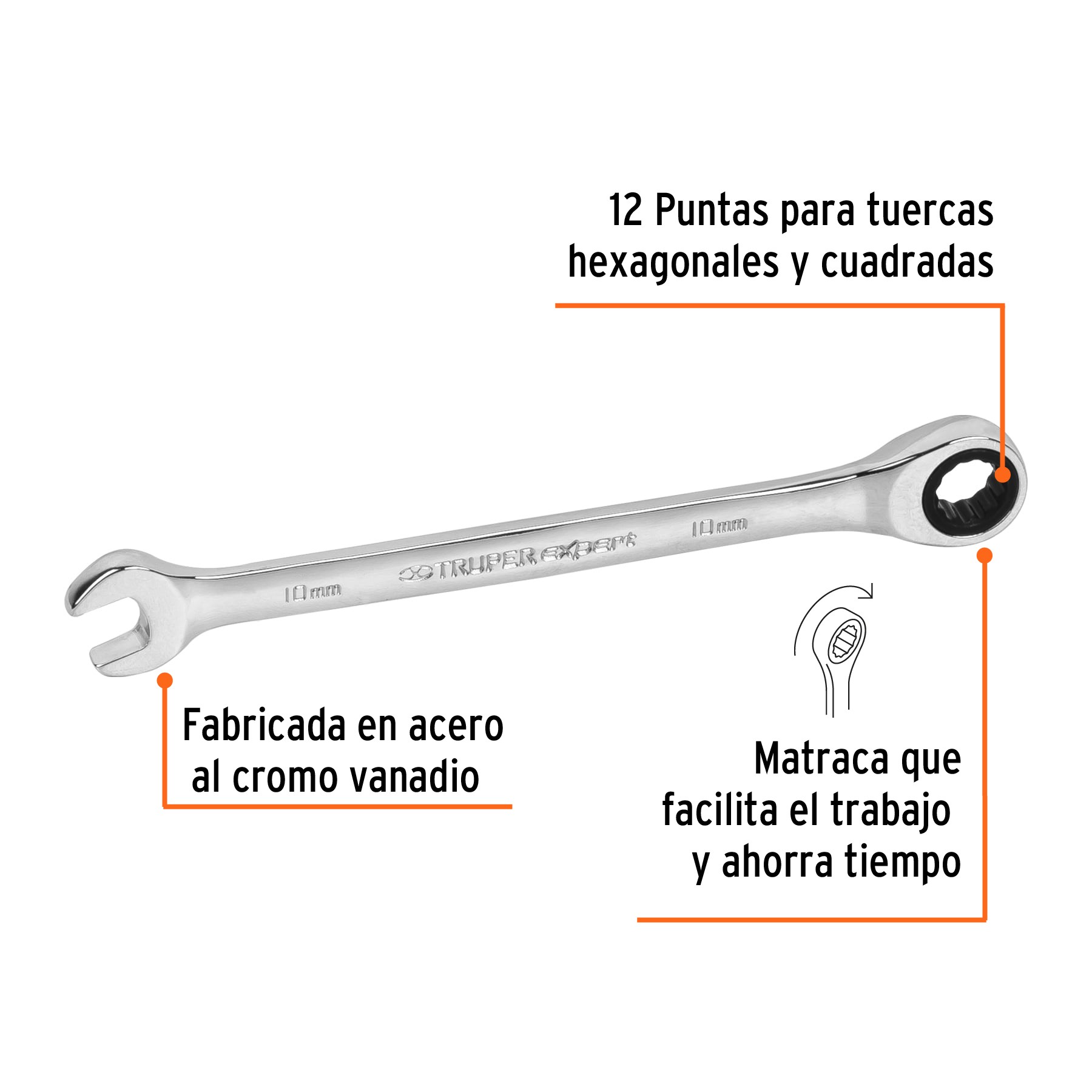 LLAVE COMBINADA CON MATRACA 10 MM X 154 MM LARGO, TRUPER EXPERT 15743