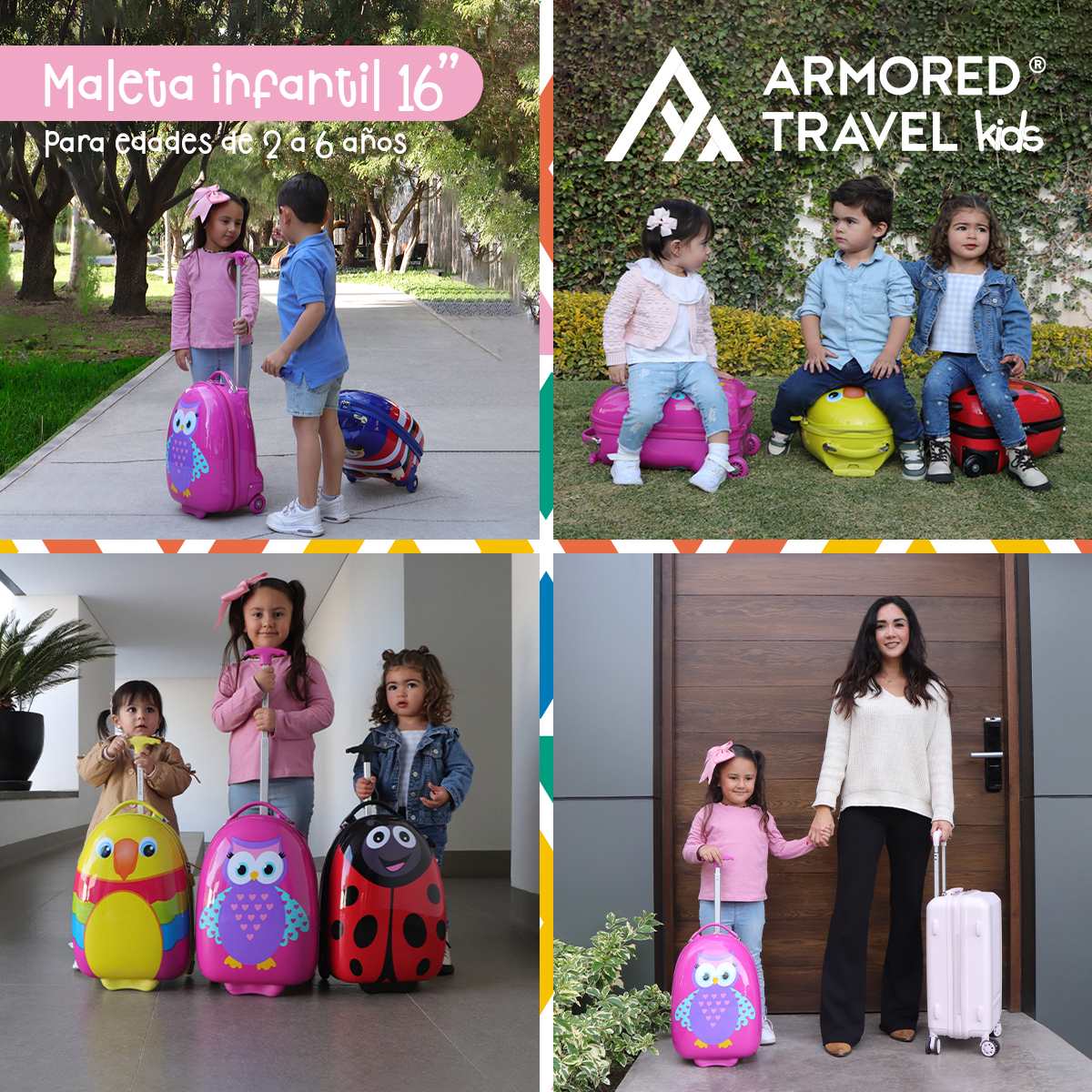 Maleta de viaje niñas niños carry-on mochila rígida infantil con ruedas 16 kínder Preescolar usos múltiples Edades 2 a 6 años Armored kids Búho