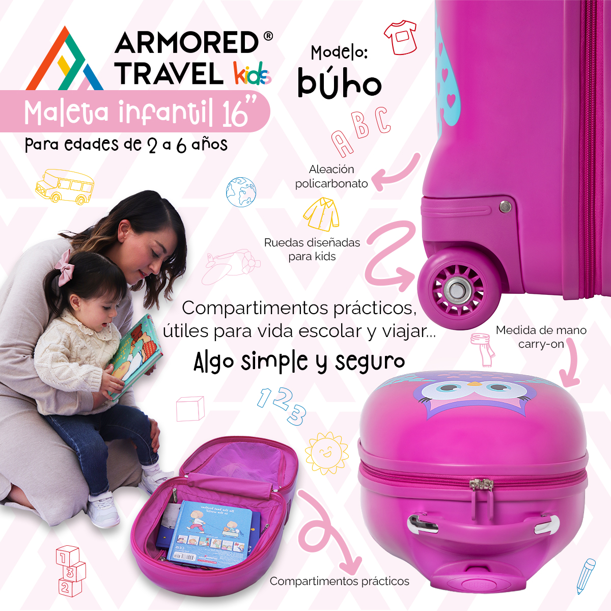 Maleta de viaje niñas niños carry-on mochila rígida infantil con ruedas 16 kínder Preescolar usos múltiples Edades 2 a 6 años Armored kids Búho