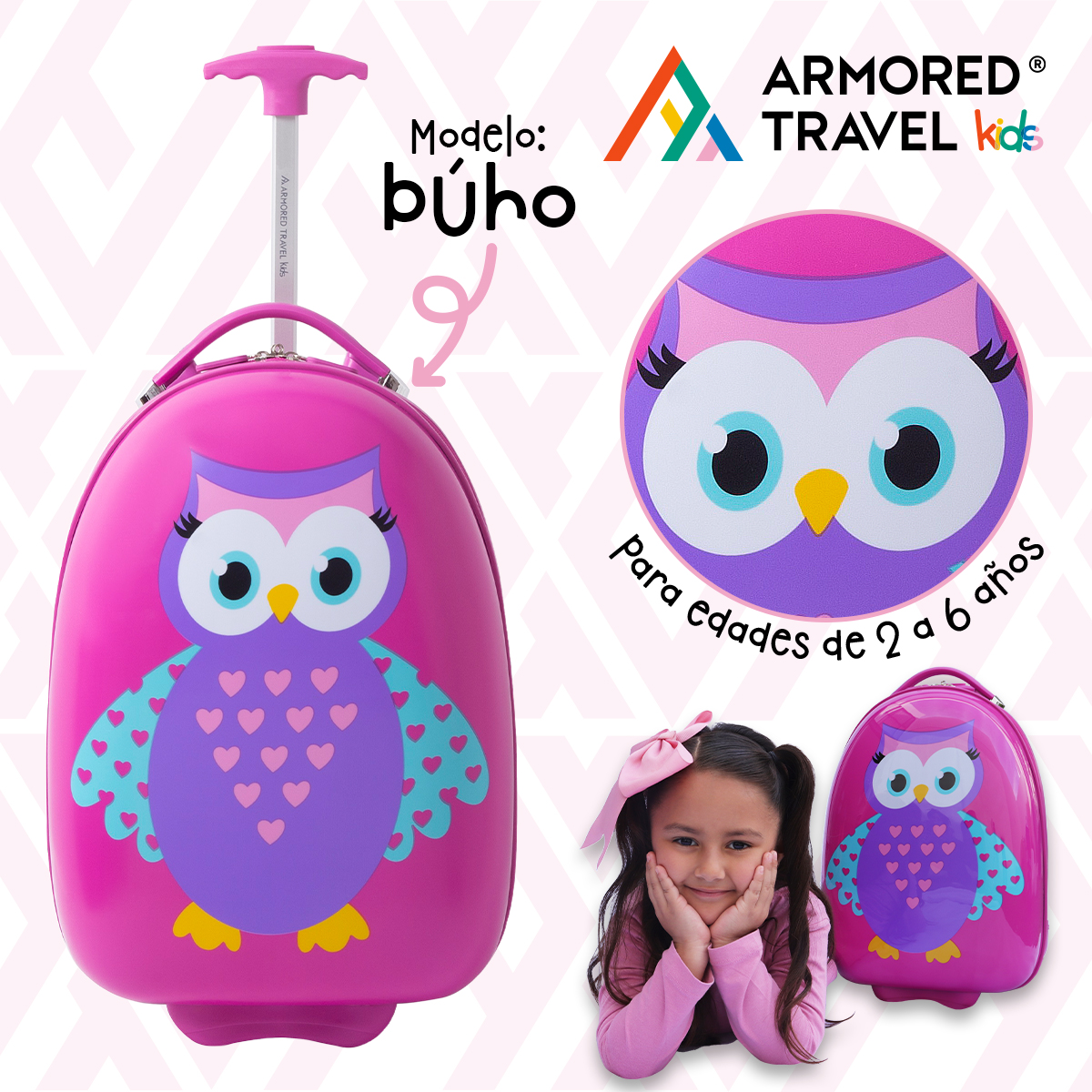 Maleta de viaje niñas niños carry-on mochila rígida infantil con ruedas 16 kínder Preescolar usos múltiples Edades 2 a 6 años Armored kids Búho