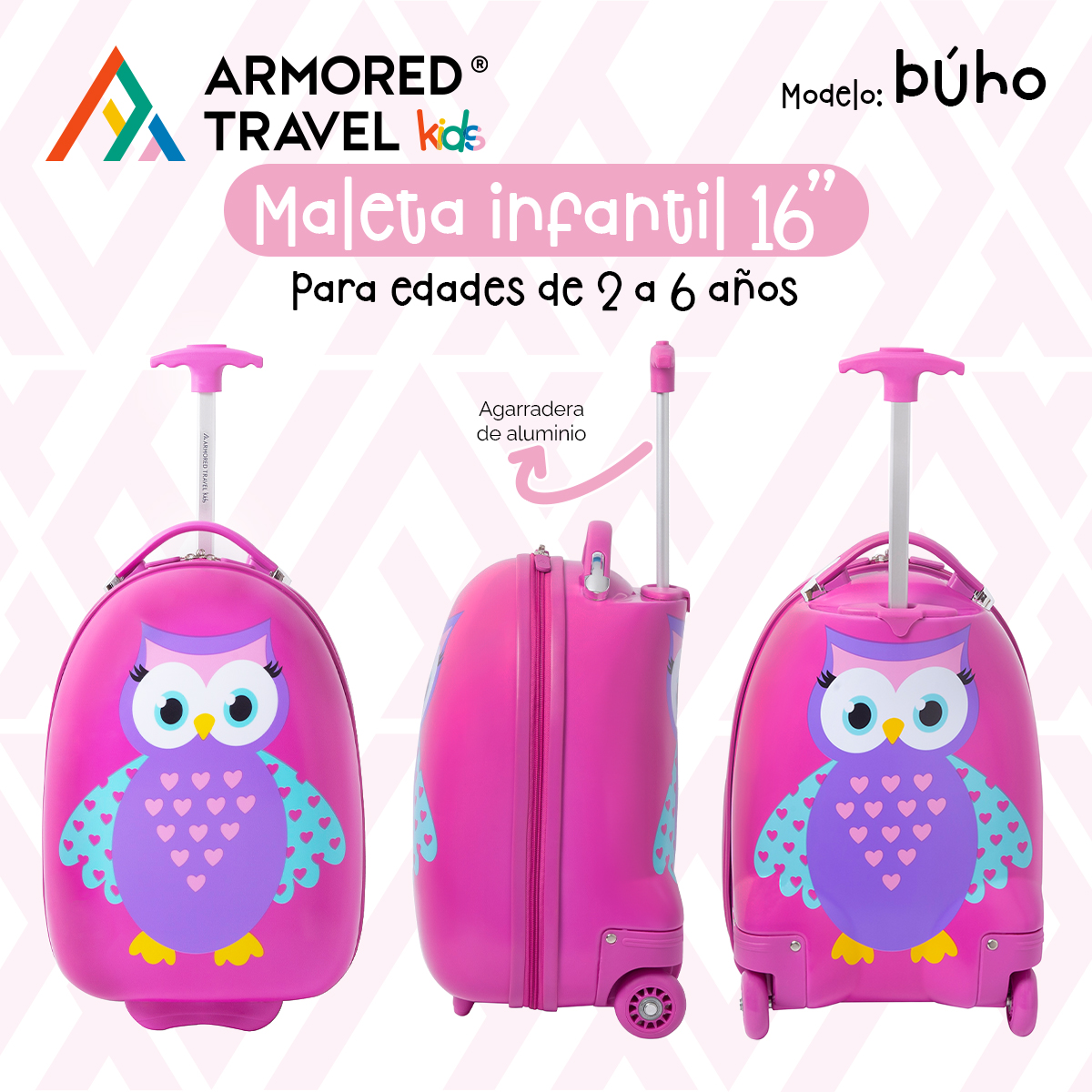 Maleta de viaje niñas niños carry-on mochila rígida infantil con ruedas 16 kínder Preescolar usos múltiples Edades 2 a 6 años Armored kids Búho