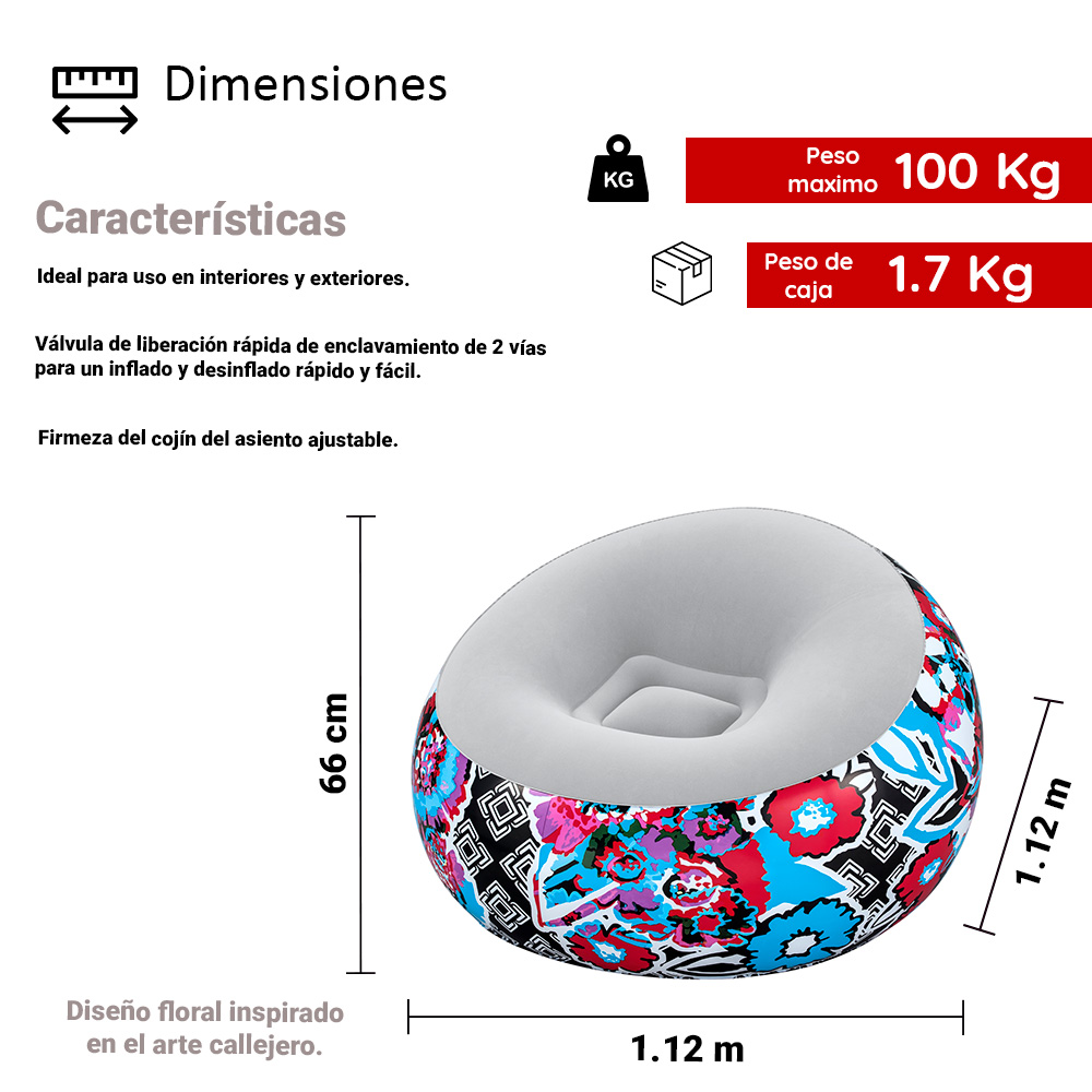 Sillón Inflable Silla Aterciopelada Puff Floral + Bomba