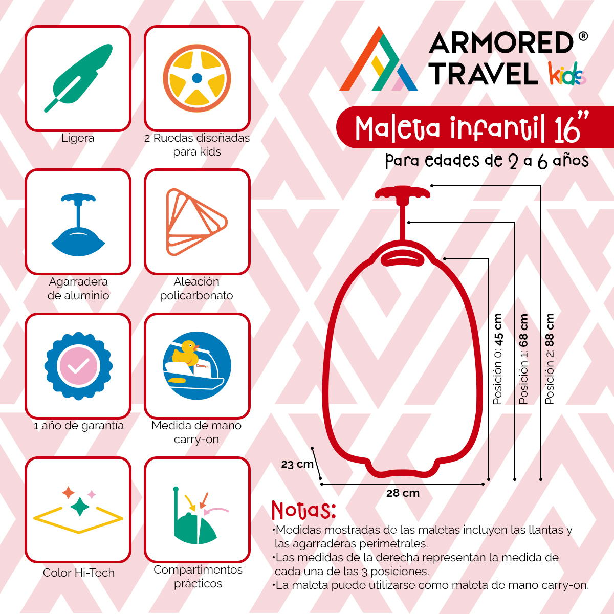 Maleta de viaje niñas niños carry-on mochila rígida infantil con ruedas 16 kínder Preescolar usos múltiples Edades 2 a 6 años Armored kids Catarina
