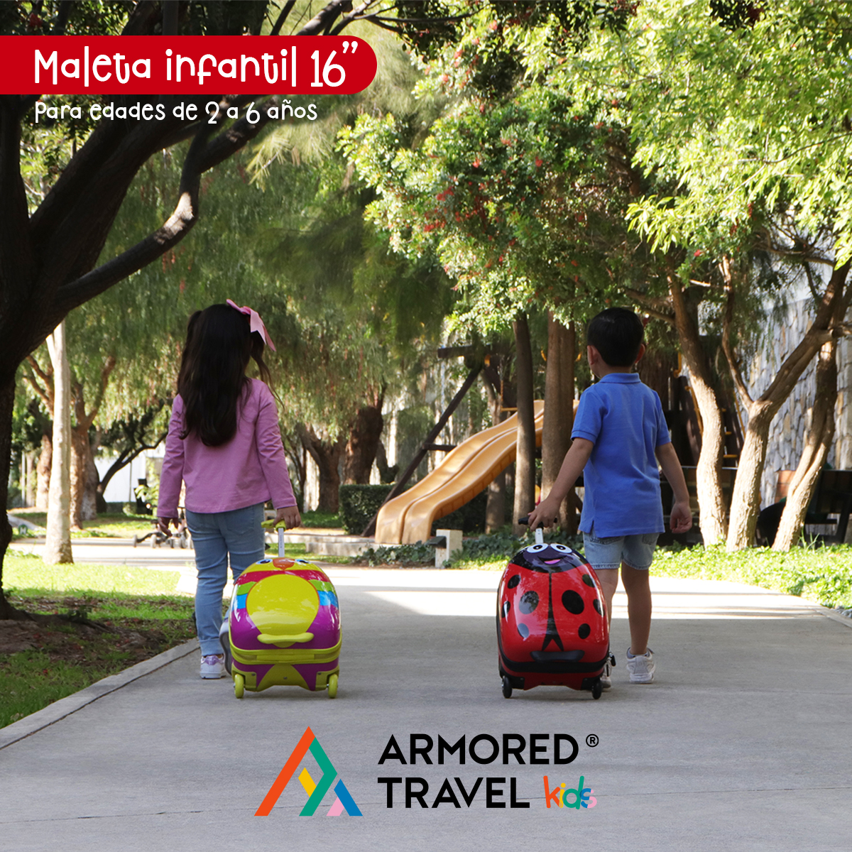 Maleta de viaje niñas niños carry-on mochila rígida infantil con ruedas 16 kínder Preescolar usos múltiples Edades 2 a 6 años Armored kids Catarina