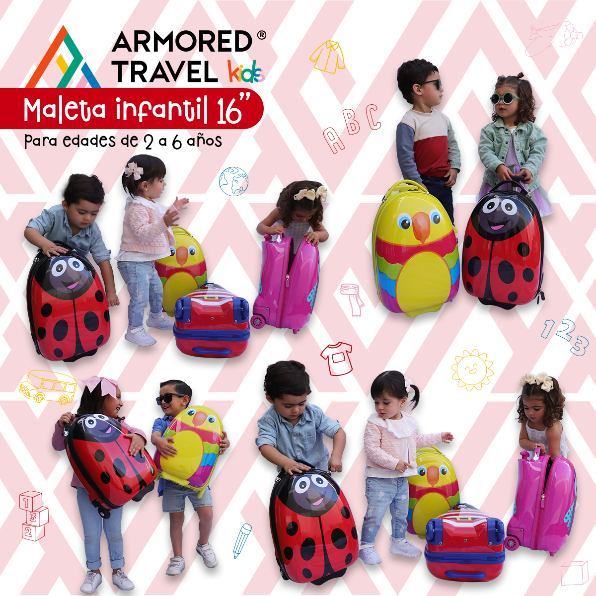 Maleta de viaje niñas niños carry-on mochila rígida infantil con ruedas 16 kínder Preescolar usos múltiples Edades 2 a 6 años Armored kids Catarina