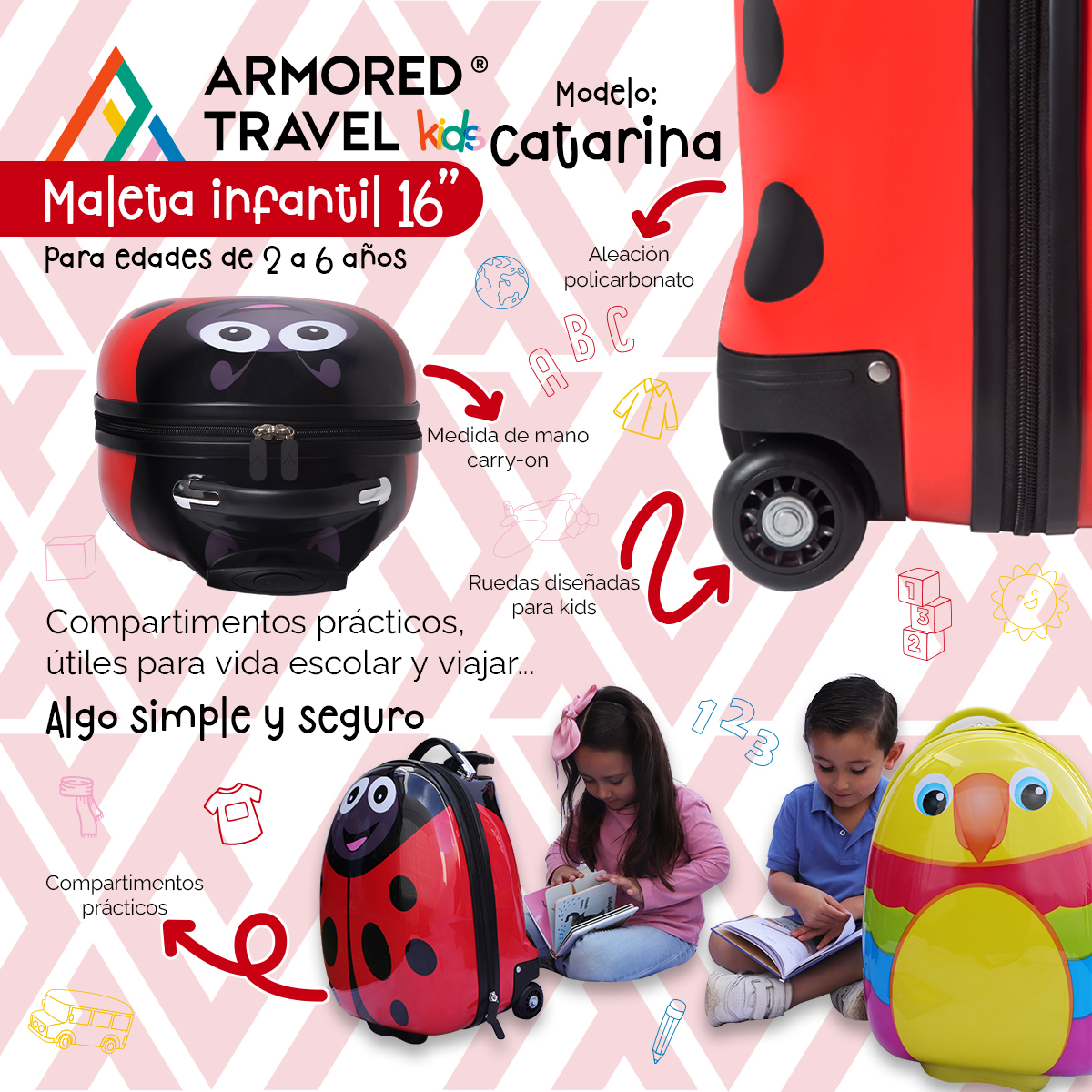 Maleta de viaje niñas niños carry-on mochila rígida infantil con ruedas 16 kínder Preescolar usos múltiples Edades 2 a 6 años Armored kids Catarina