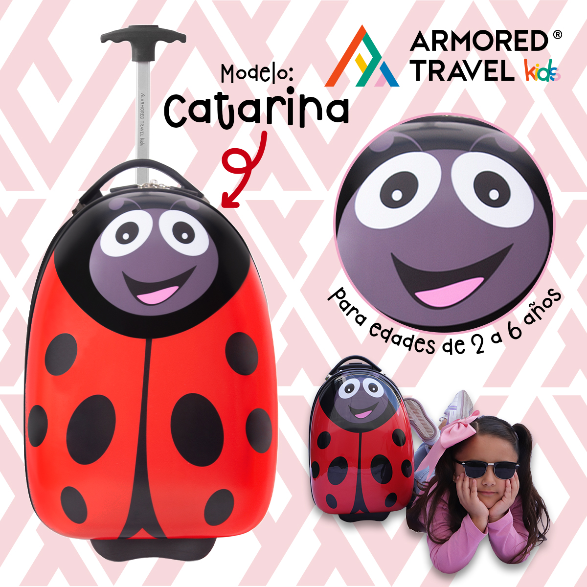 Maleta de viaje niñas niños carry-on mochila rígida infantil con ruedas 16 kínder Preescolar usos múltiples Edades 2 a 6 años Armored kids Catarina