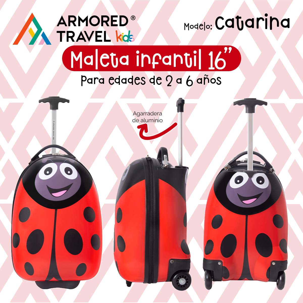 Maleta de viaje niñas niños carry-on mochila rígida infantil con ruedas 16 kínder Preescolar usos múltiples Edades 2 a 6 años Armored kids Catarina