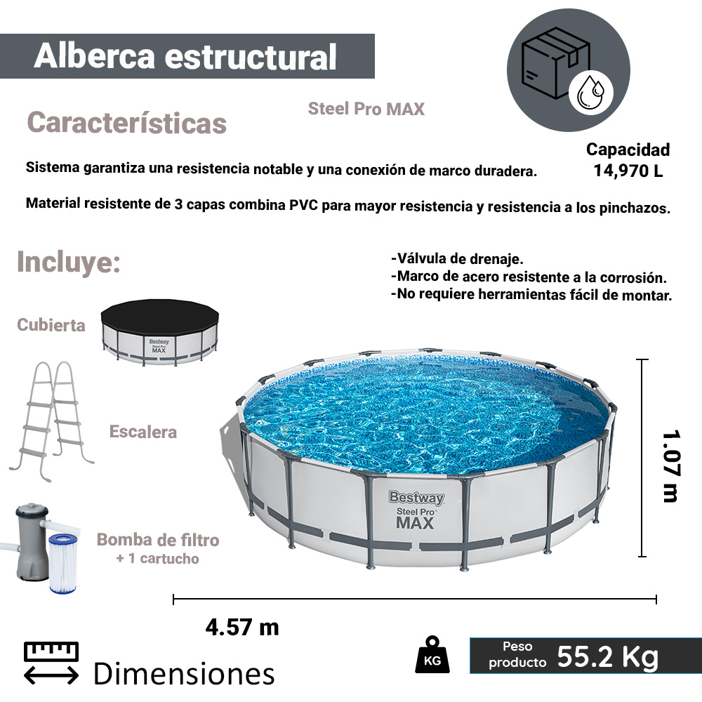 Alberca Estructural Redonda 457 Cm Con Bomba Gris Bestway