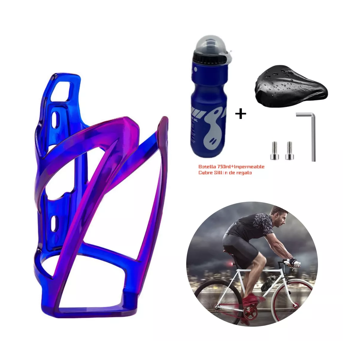 Soporte Porta Anfora Bicicleta Portabidón Universal+botella Morado/Azul