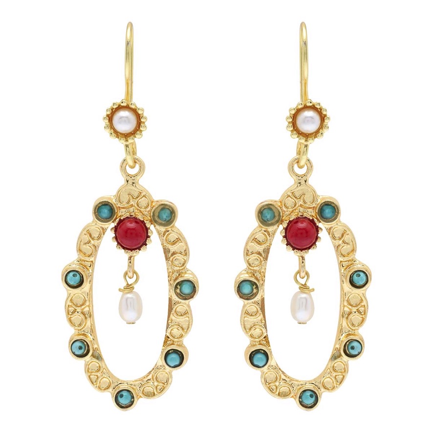Aretes Silueta de Ovalo (Oro Laminado) con Incrustaciones de Piedras Naturales de Colores 