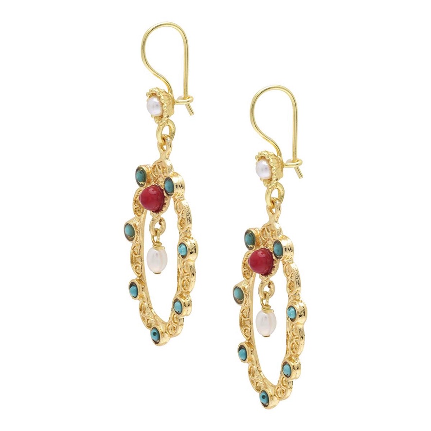 Aretes Silueta de Ovalo (Oro Laminado) con Incrustaciones de Piedras Naturales de Colores 