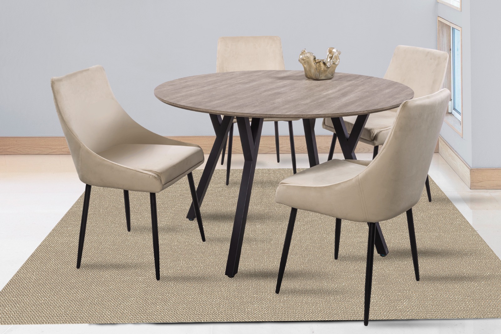 Comedor Sul 4 Sillas Beige Redondo Tubular Negro.