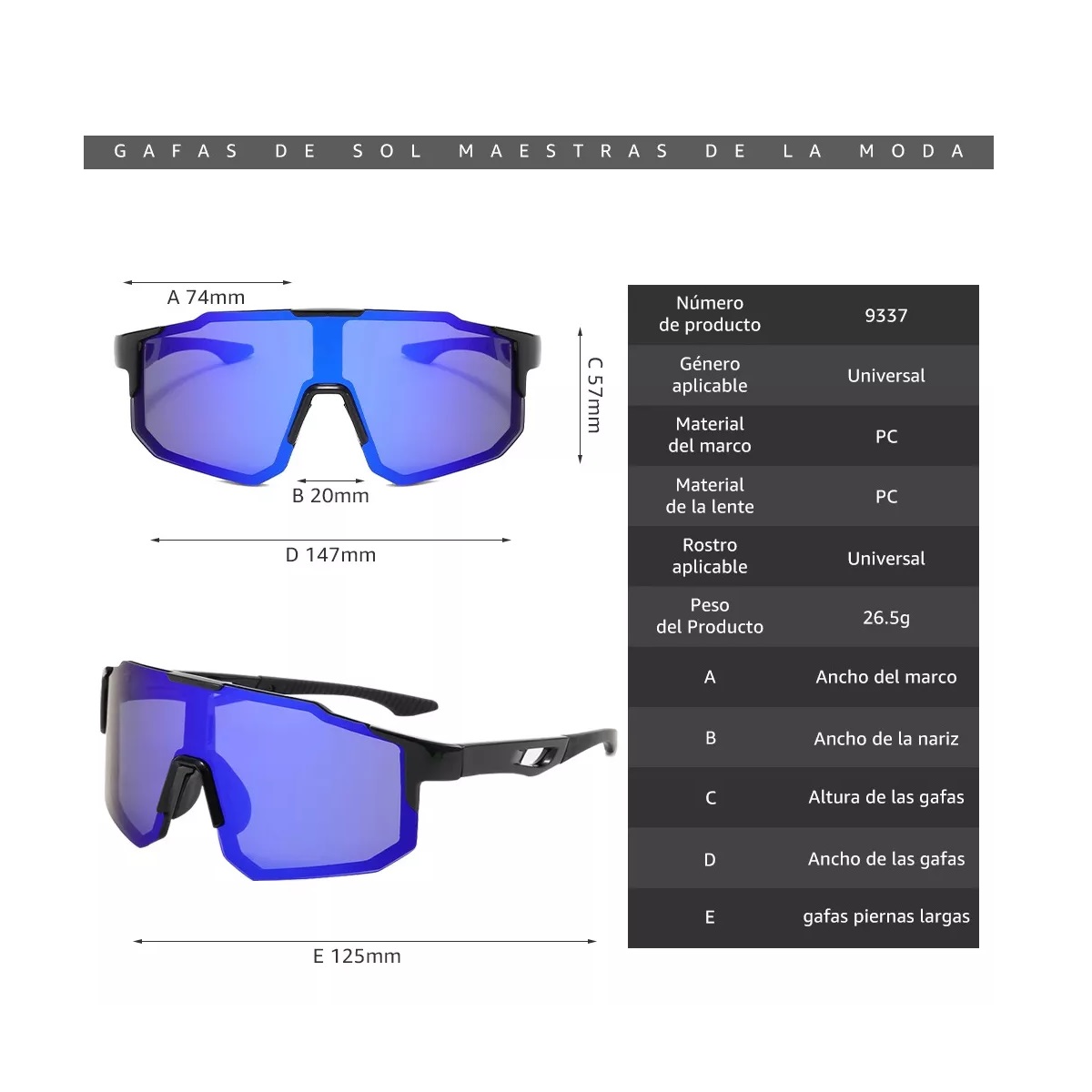 Lentes Deportivos Hombre Gran Marco De Las Gafas De Sol Azul Negro