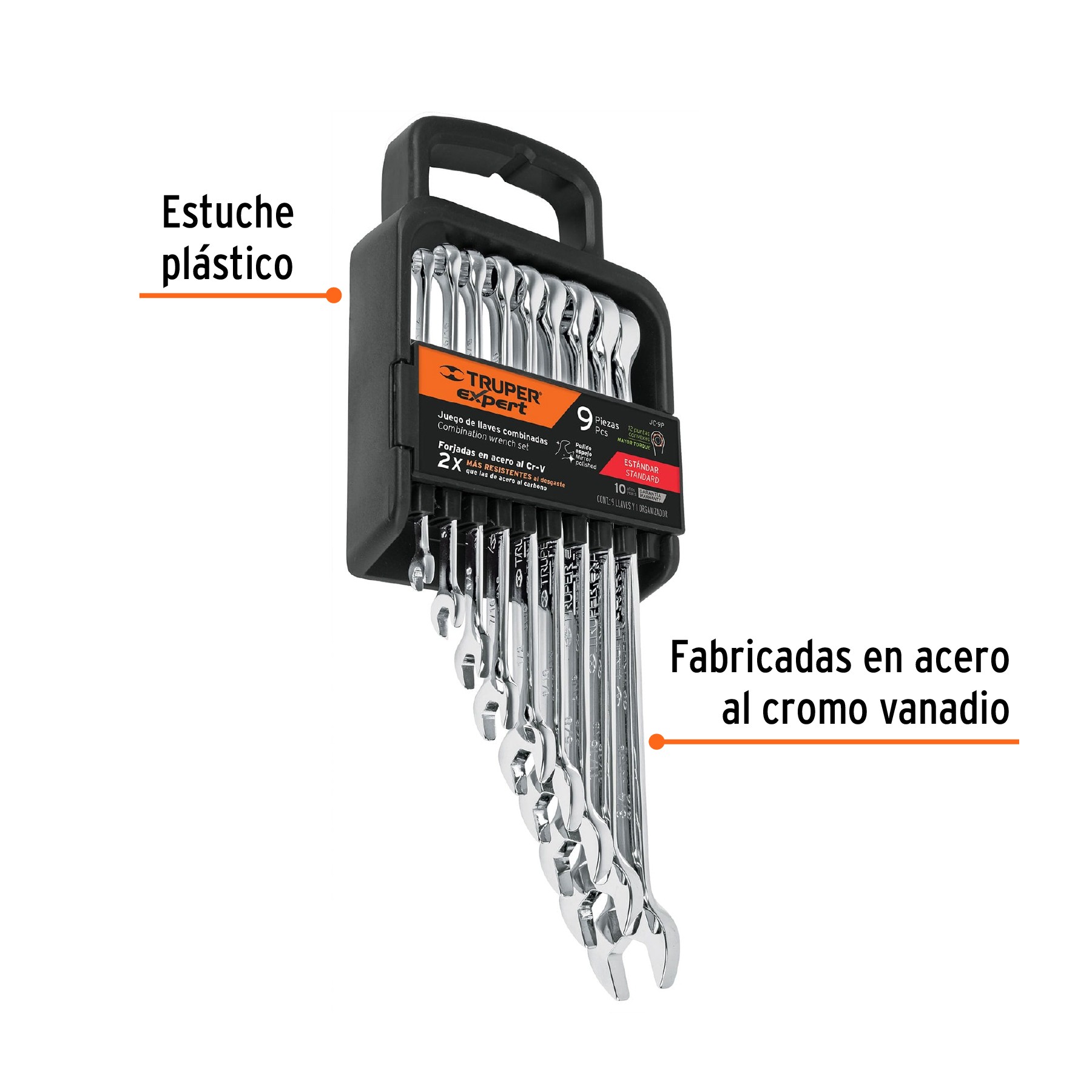 JUEGO DE 9 LLAVES COMBINADAS EXTRALARGAS PULIDAS STD, TRUPER EXPERT 15776