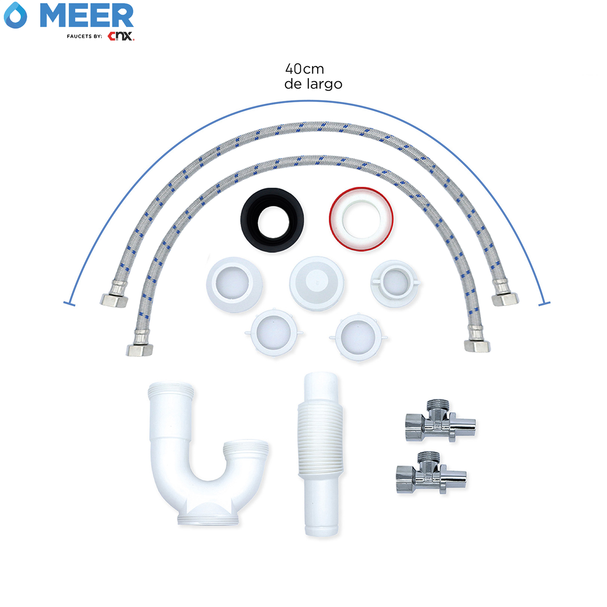 Kit Completo para Instalación de Lavabo, Incluye 2x Mangueras, 2x Válvulas, 1x Cinta, 1x Empaque y 1x Trampa.