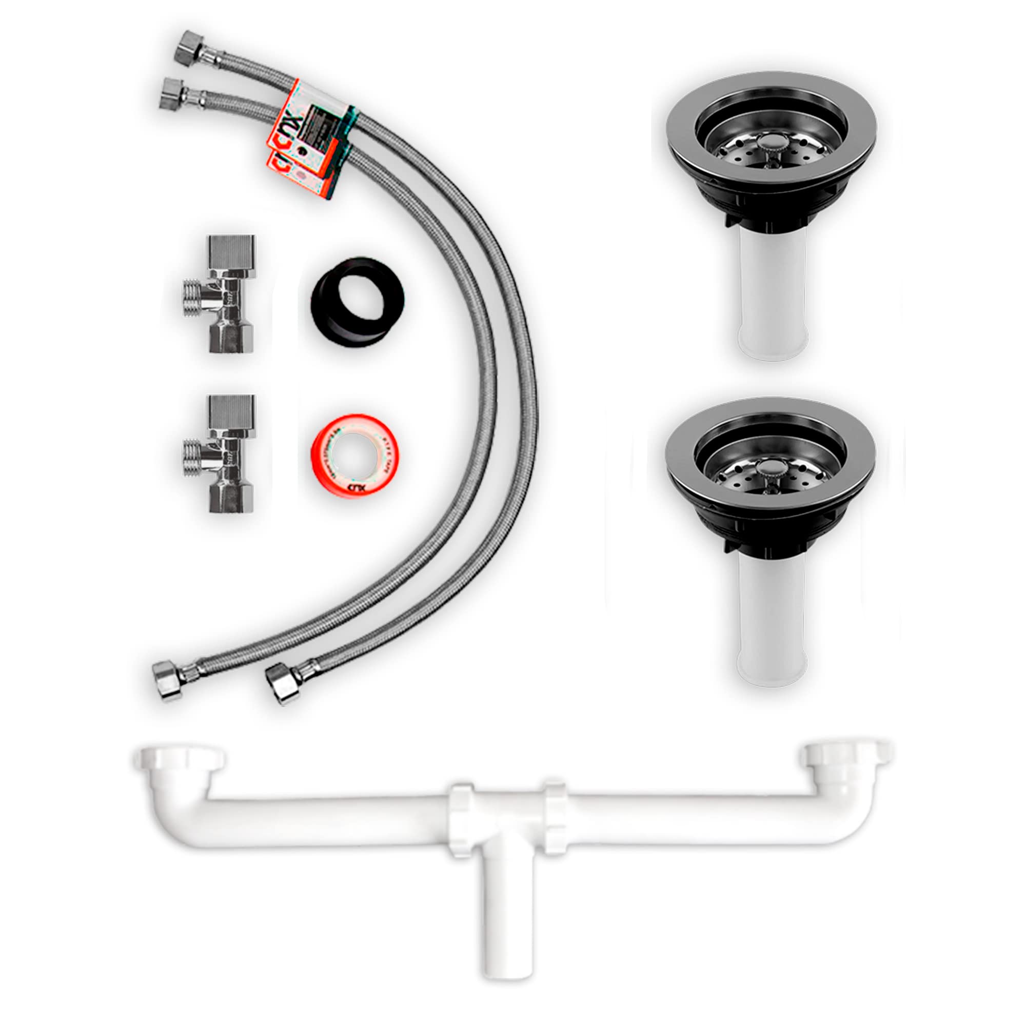 Kit de instalación de fregadero (Tarja) con doble tina (Incluye todo lo necesario para instalar tarja y mezcladora)