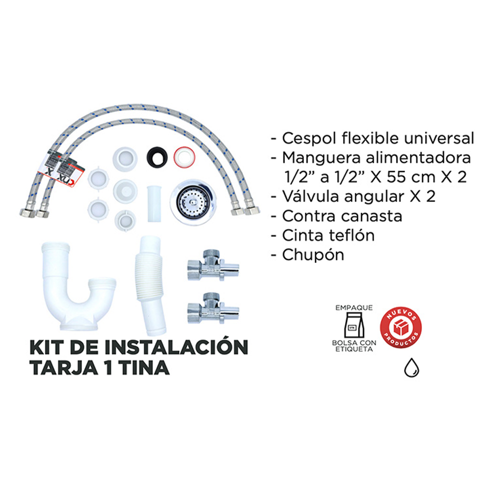 CNX Kit de Instalación de fregadero (para Tarja de una Tina), Incluye 2x Mangueras, 2x Válvulas ángulares, 1x Media Trampa con salida flexible, 1x Empaque, 1x Cinta de Teflón