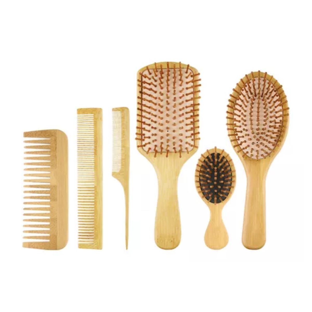 Cepillos Y Peines Para Cabello Bambú Antifrizz (kit 6 Pz)  cafe claro