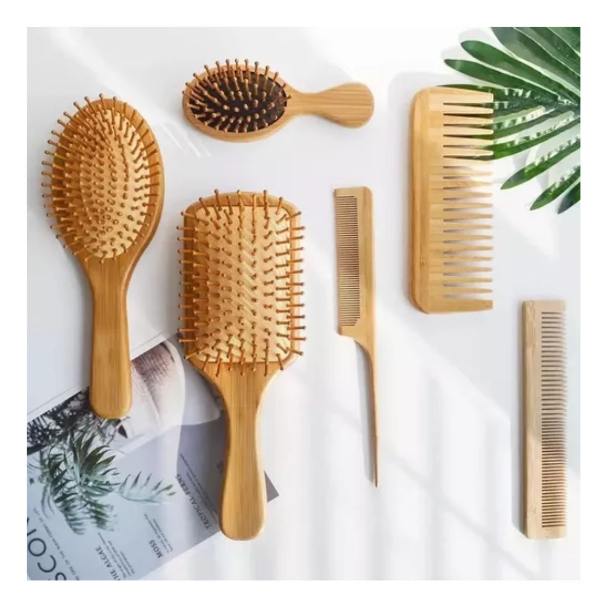 Cepillos Y Peines Para Cabello Bambú Antifrizz (kit 6 Pz)  cafe claro