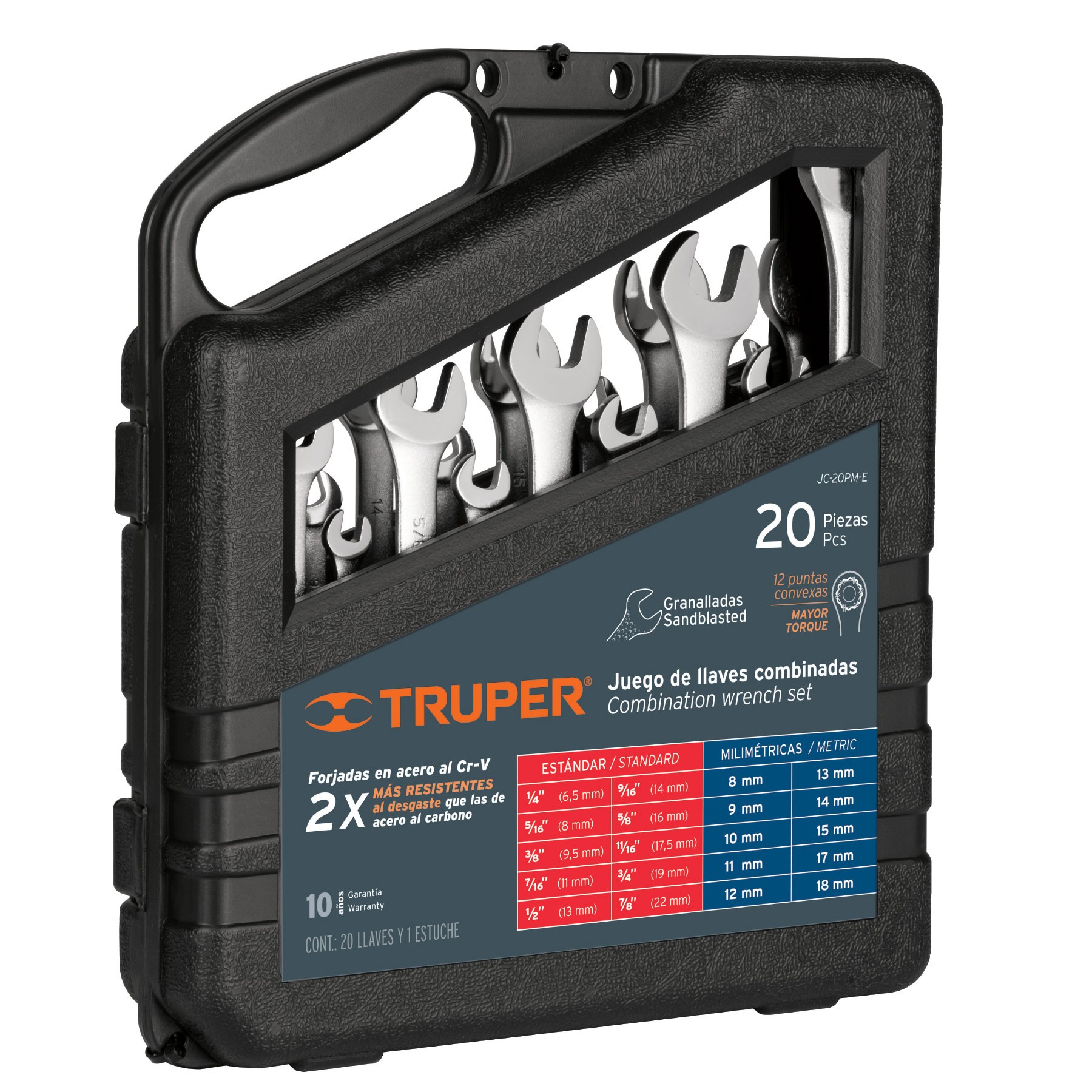 JUEGO DE 20 LLAVES COMBINADAS STD Y MM GRANALLADAS, TRUPER 15798