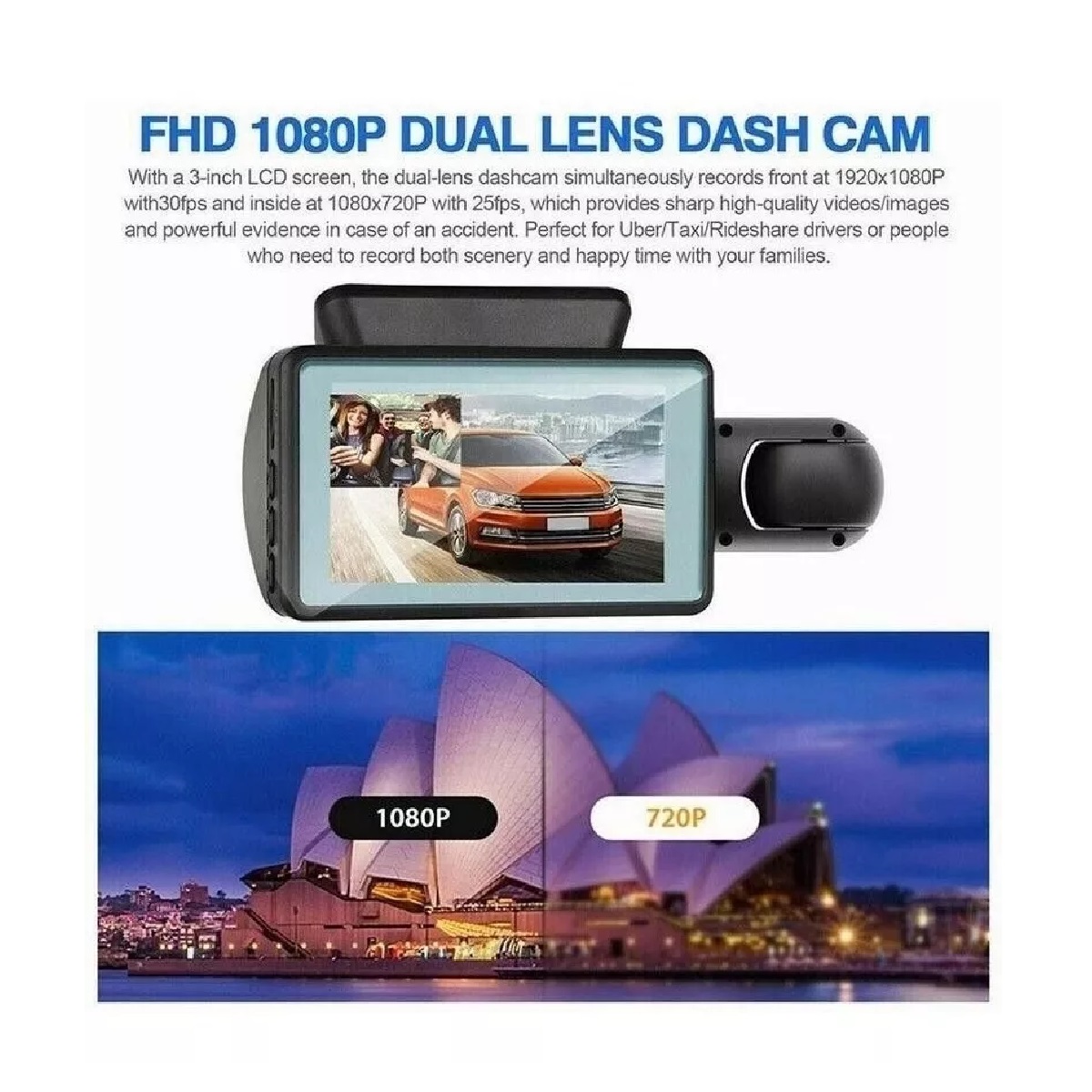 Cámara Dvr De Auto Delantera E Interior De 1080p Lente Doble