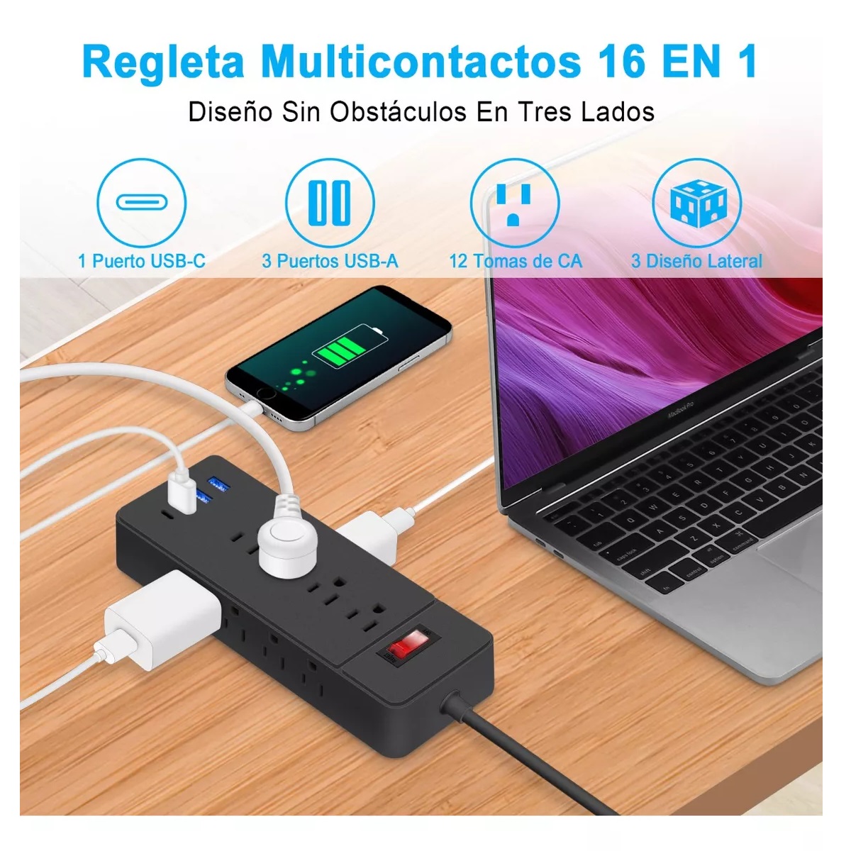 Regulador Cargador Multicontactos Con 12 Tomas 3 Usb 1 Tipoc