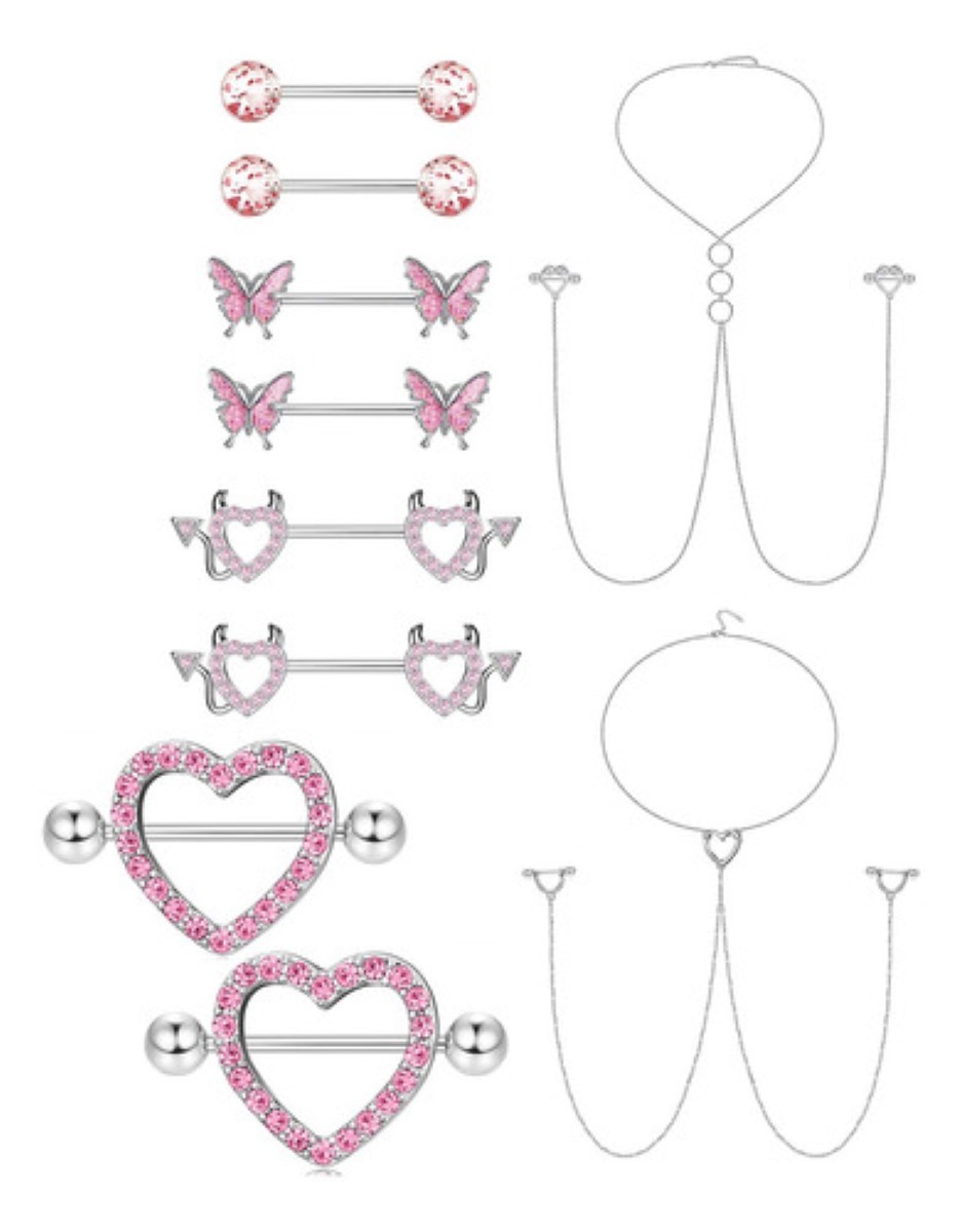 10pzs Piercing Pezon Nipple Set Con Corazon Diablito Varios PLATA/rOSA