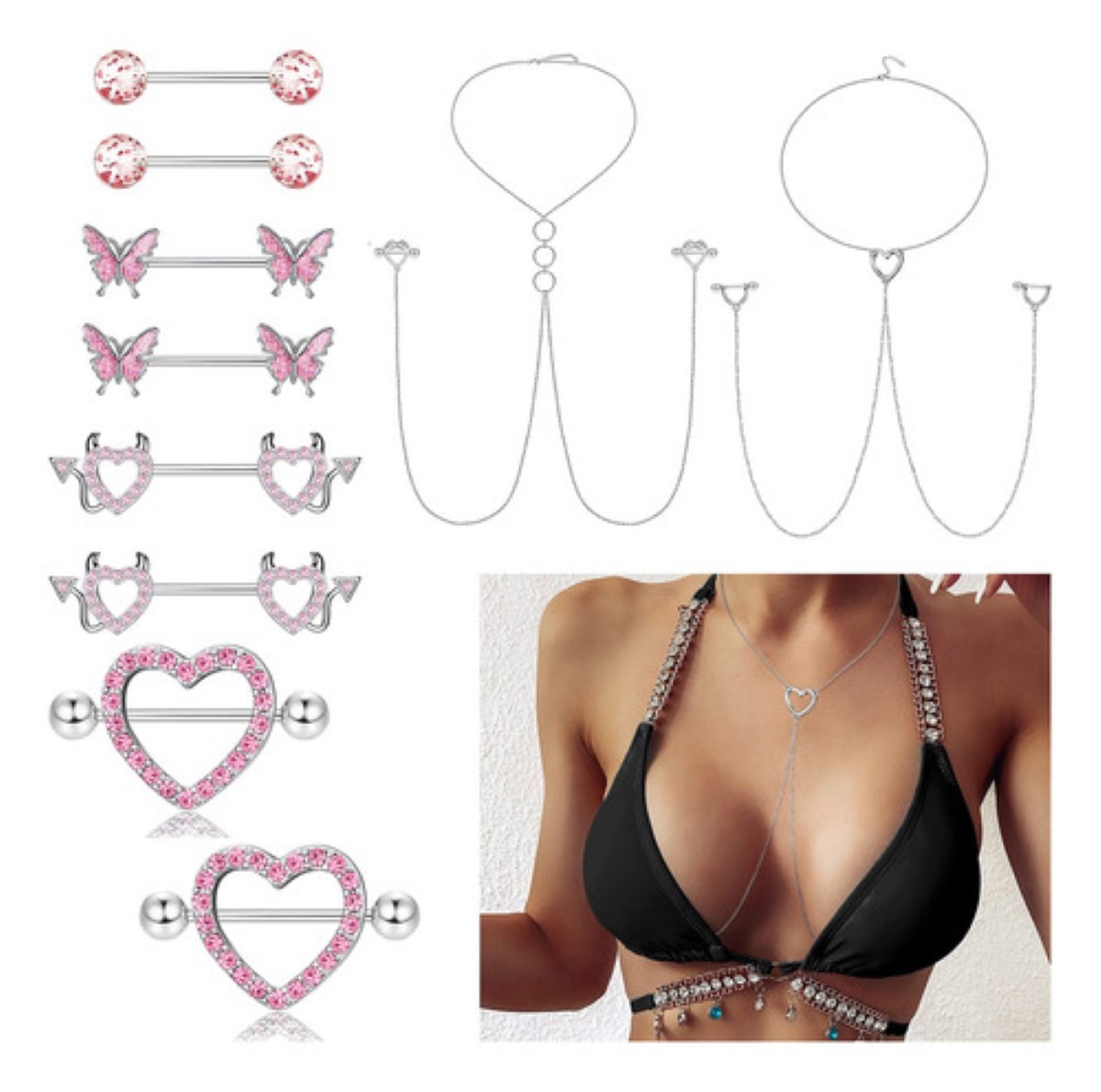10pzs Piercing Pezon Nipple Set Con Corazon Diablito Varios PLATA/rOSA