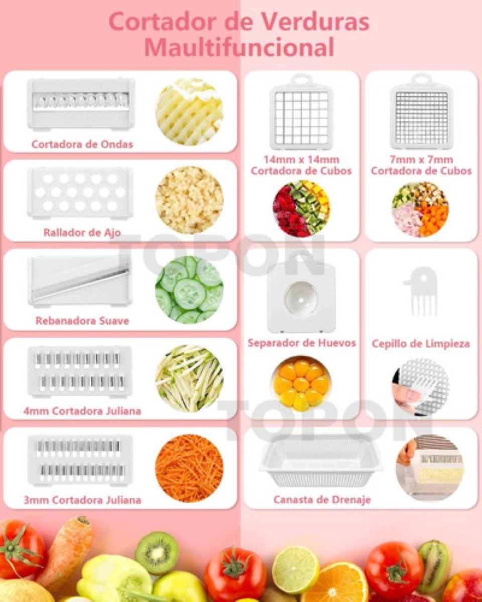 Ralladores Verdura Fruta Picador Cortador Cocina Topon 14pcs ROSA