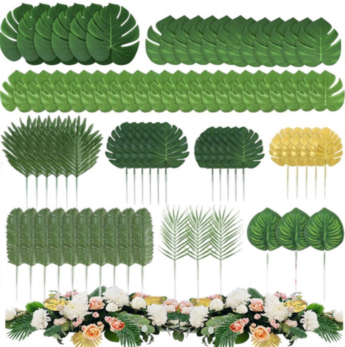Hojas Artificiales De Palma Tropicales Decor 10 Tipos,80 Pzs VERDE