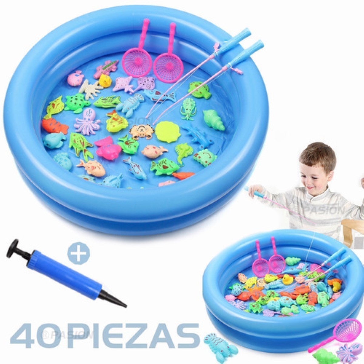 Juguete De Juego De Pesca Piscina Para Niños Pequeños 40pz azul