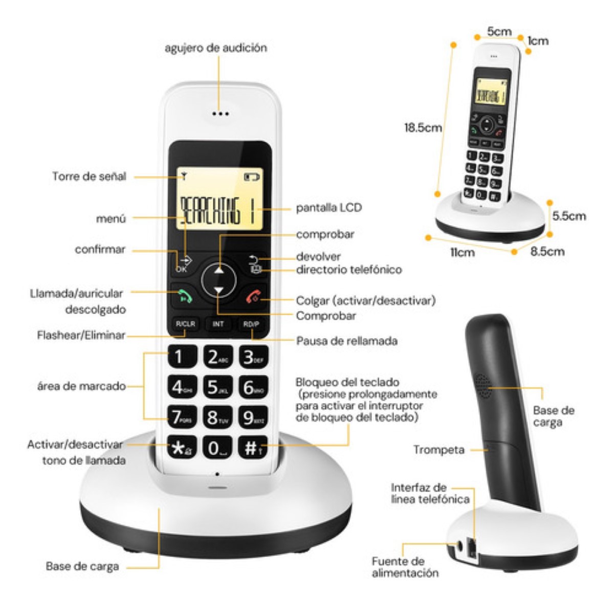Teléfono Inalámbrico Fijo Moderno Con Lcd Para Casa Oficina Blanco botones negro