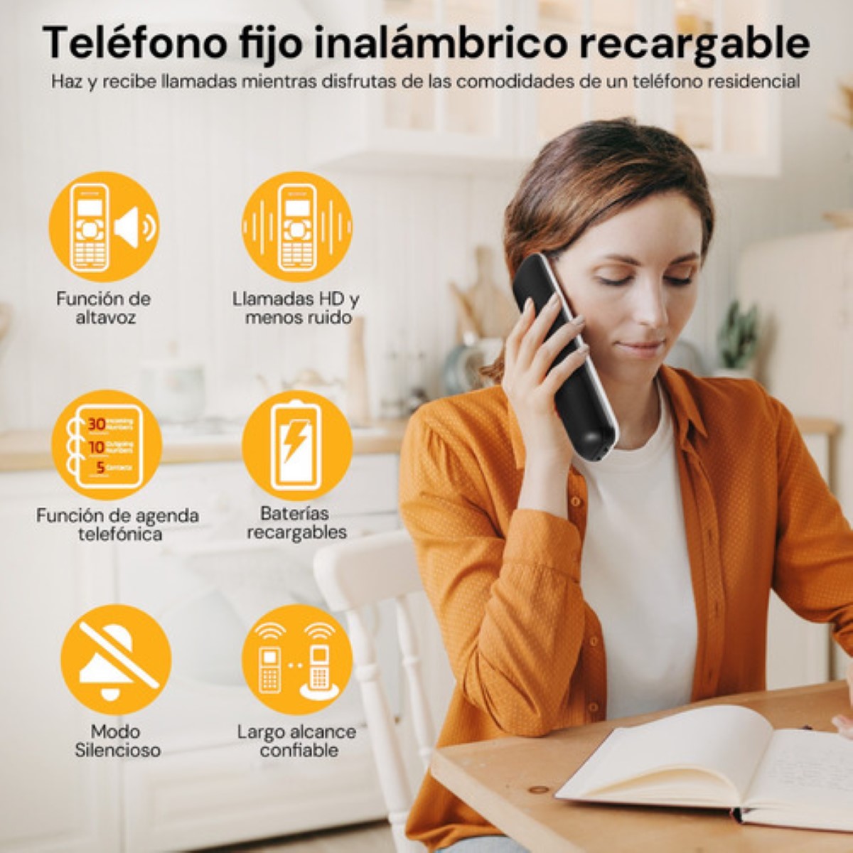 Teléfono Inalámbrico Fijo Moderno Con Lcd Para Casa Oficina Blanco botones negro