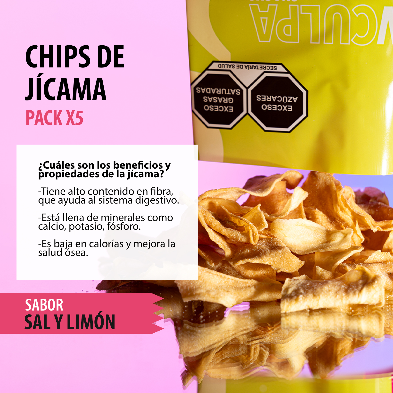 Snack Jicama deshidratado | 5 Bolsas x 120gr | Snacks Saludables | Botanas Saludables | Sabor Sal y Limón