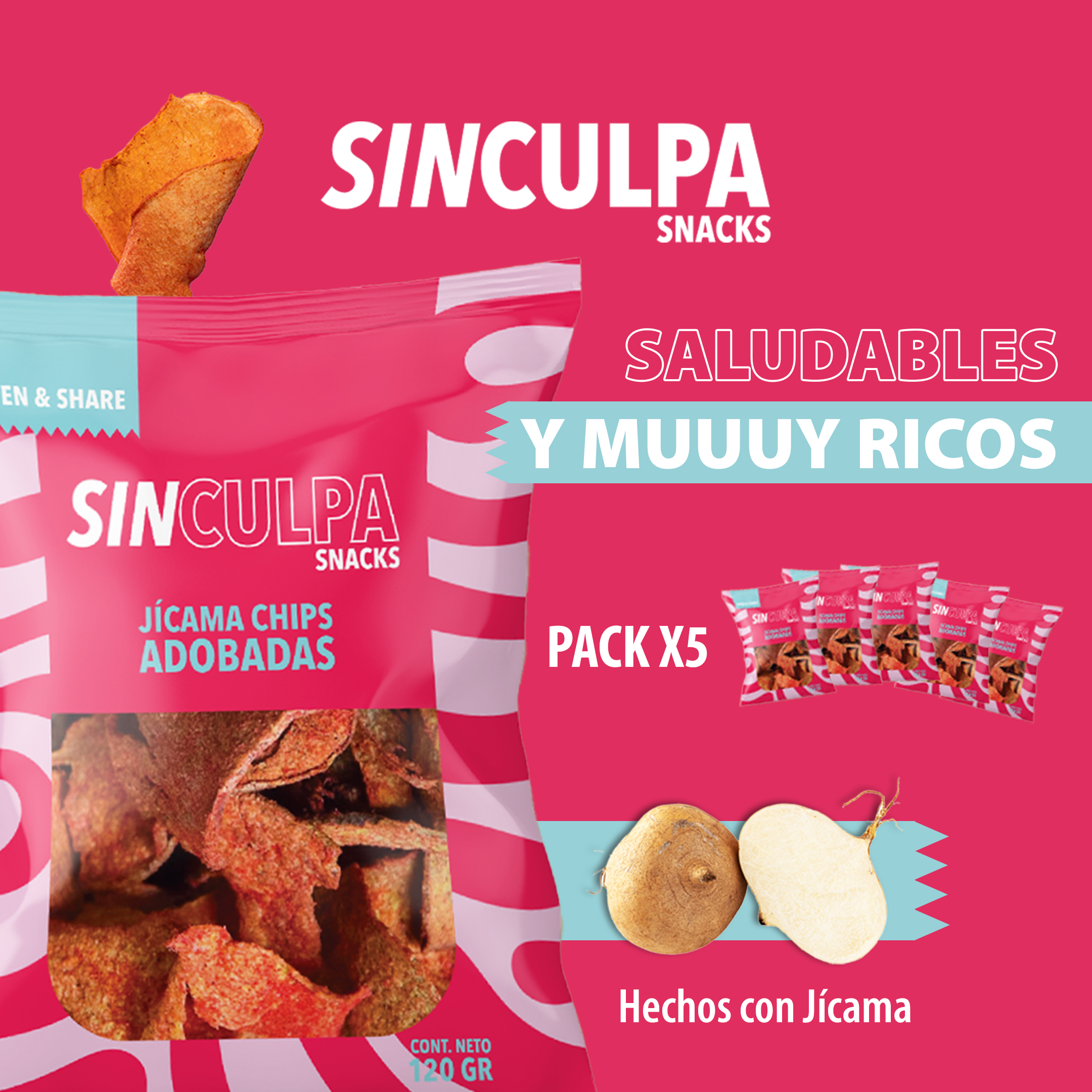 Snack Jicama deshidratado | 5 Bolsas x 120gr | Snacks Saludables | Botanas Saludables | Sabor Adobada