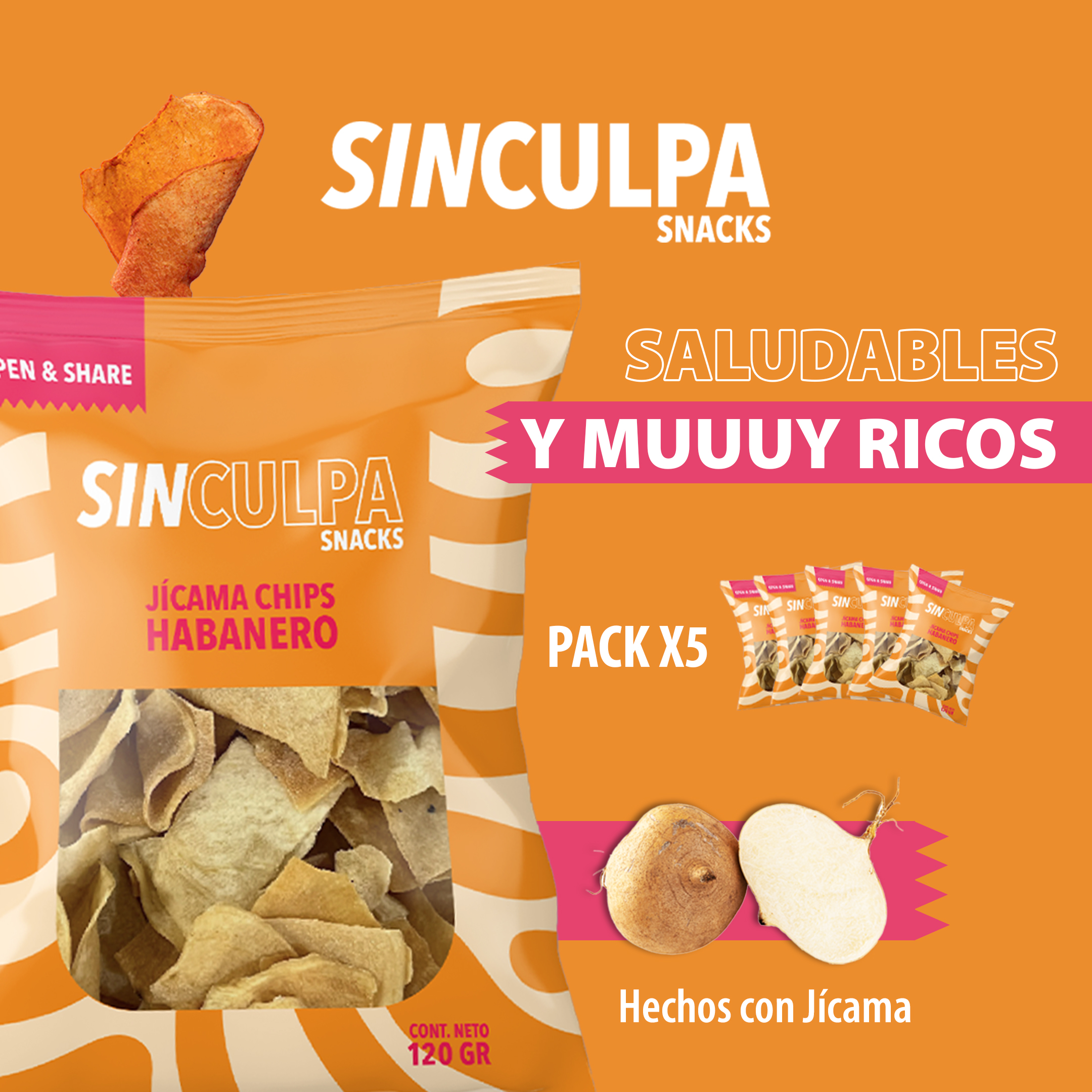 Snack Jicama deshidratado | 5 Bolsas x 120gr | Snacks Saludables | Botanas Saludables | Sabor Habanero