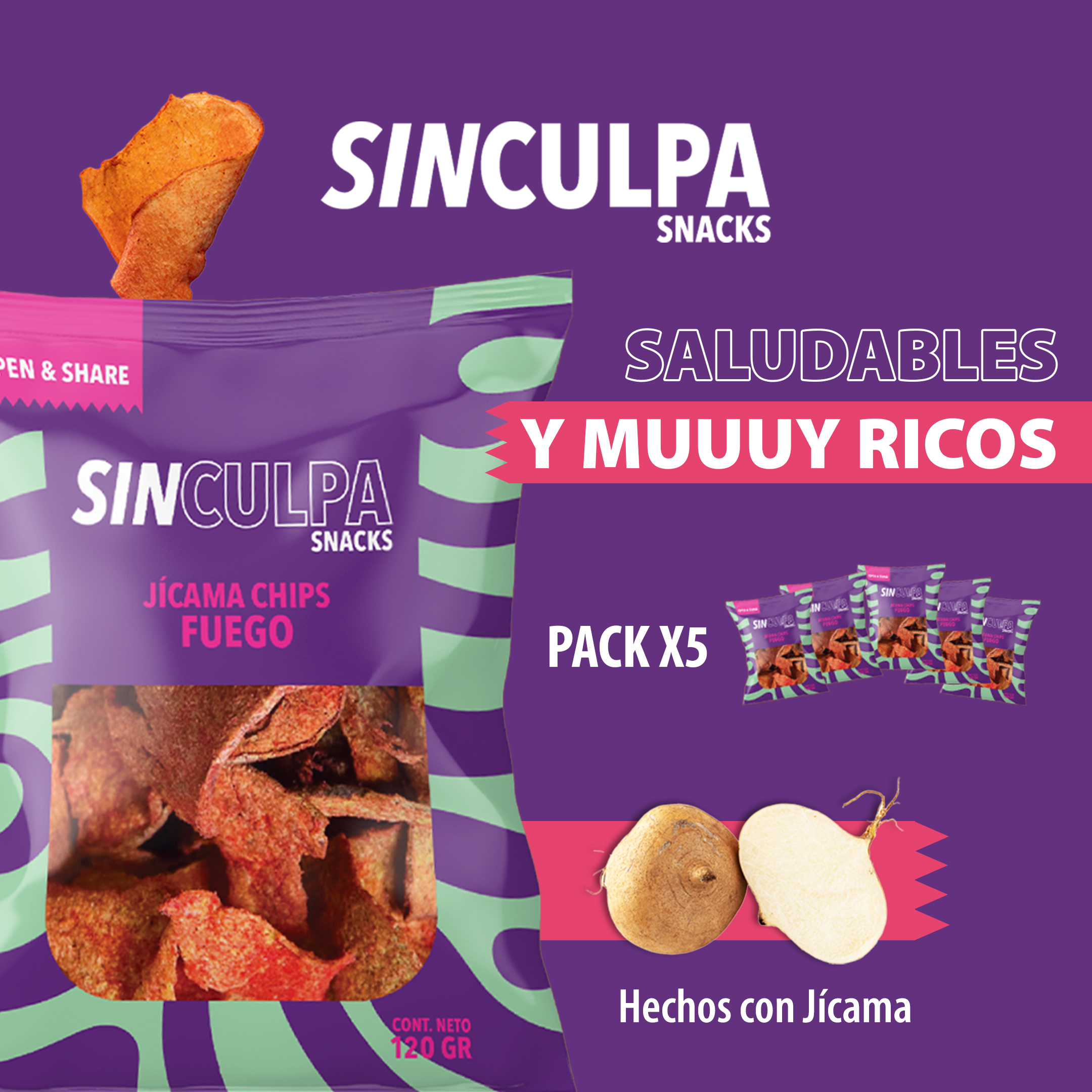 Snack Jicama deshidratado | 5 Bolsas x 120gr | Snacks Saludables | Botanas Saludables | Sabor Fuego