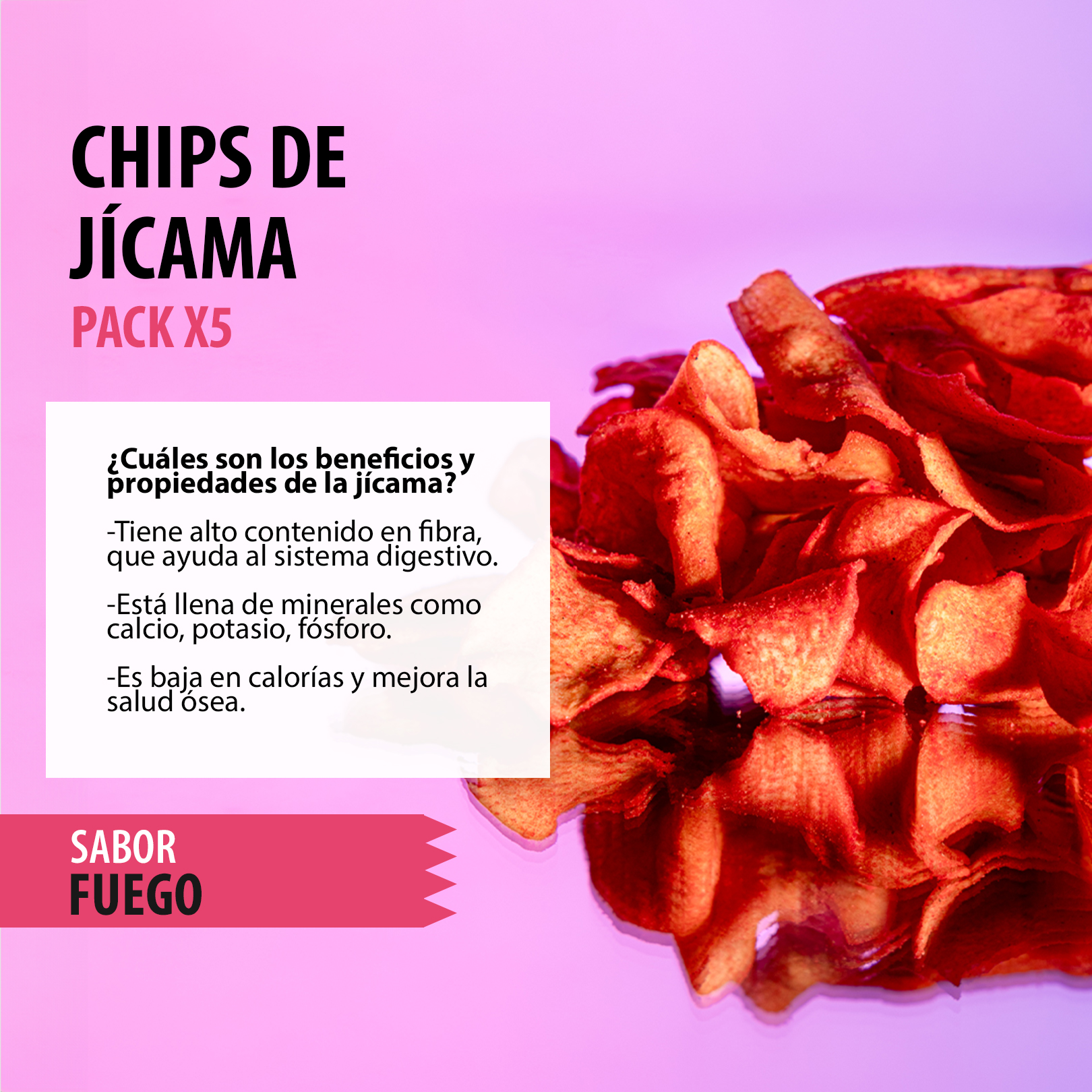 Snack Jicama deshidratado | 5 Bolsas x 120gr | Snacks Saludables | Botanas Saludables | Sabor Fuego