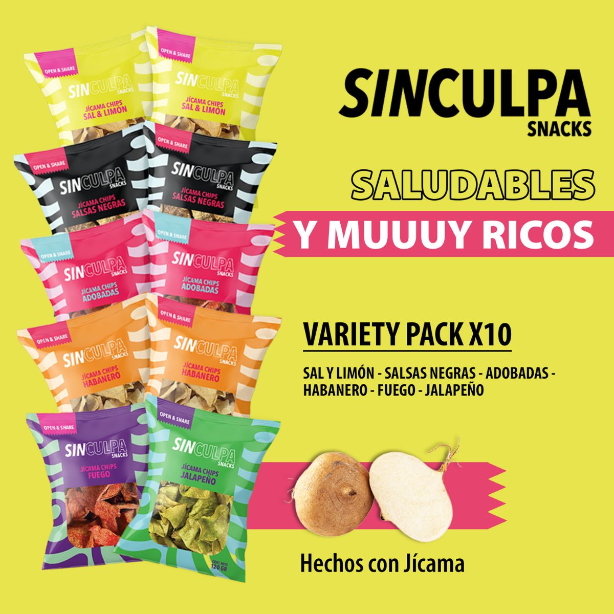Snack Jicama Deshidratado | 10 Bolsas x 120gr | Snacks Saludables | Botanas Saludables | Pack de 10 Bolsas de 6 Sabores Surtidos | Variety Pack